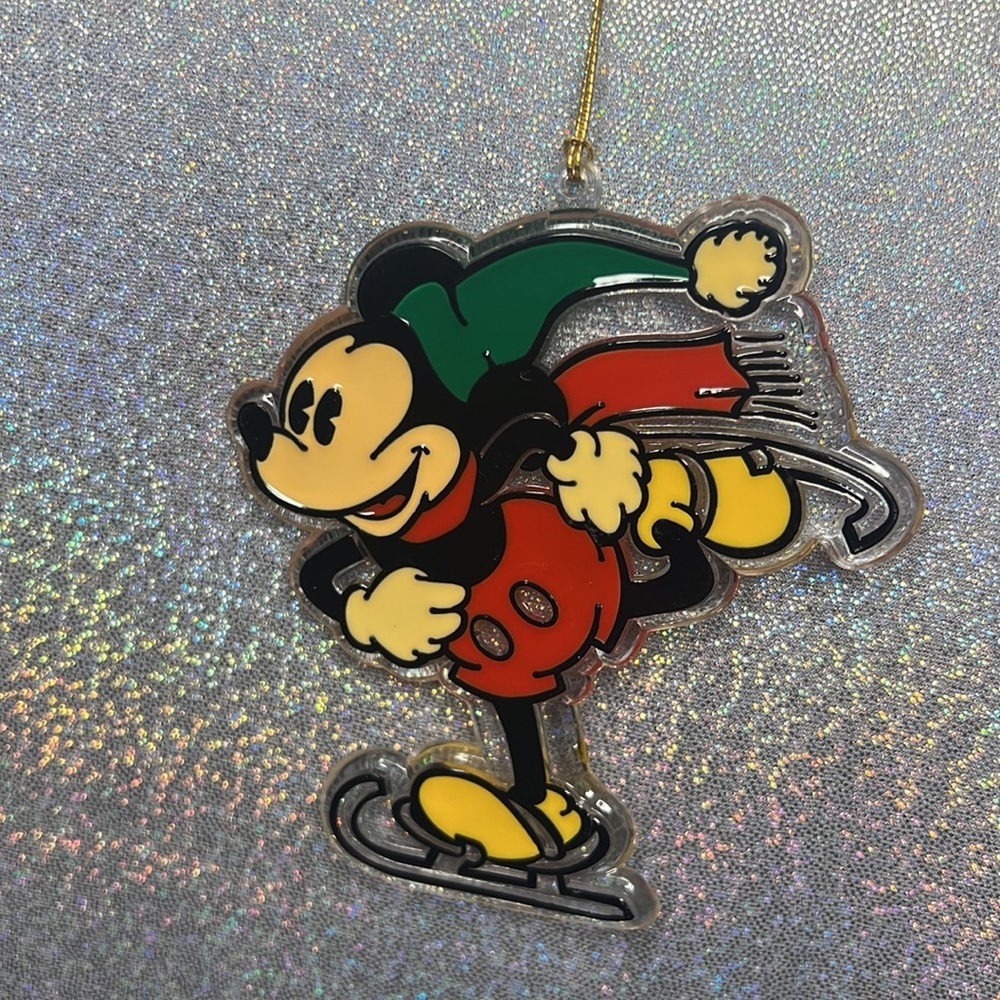 Disney ornament Mickey Mouse skiing vintage clear red green yellow black Xmas.